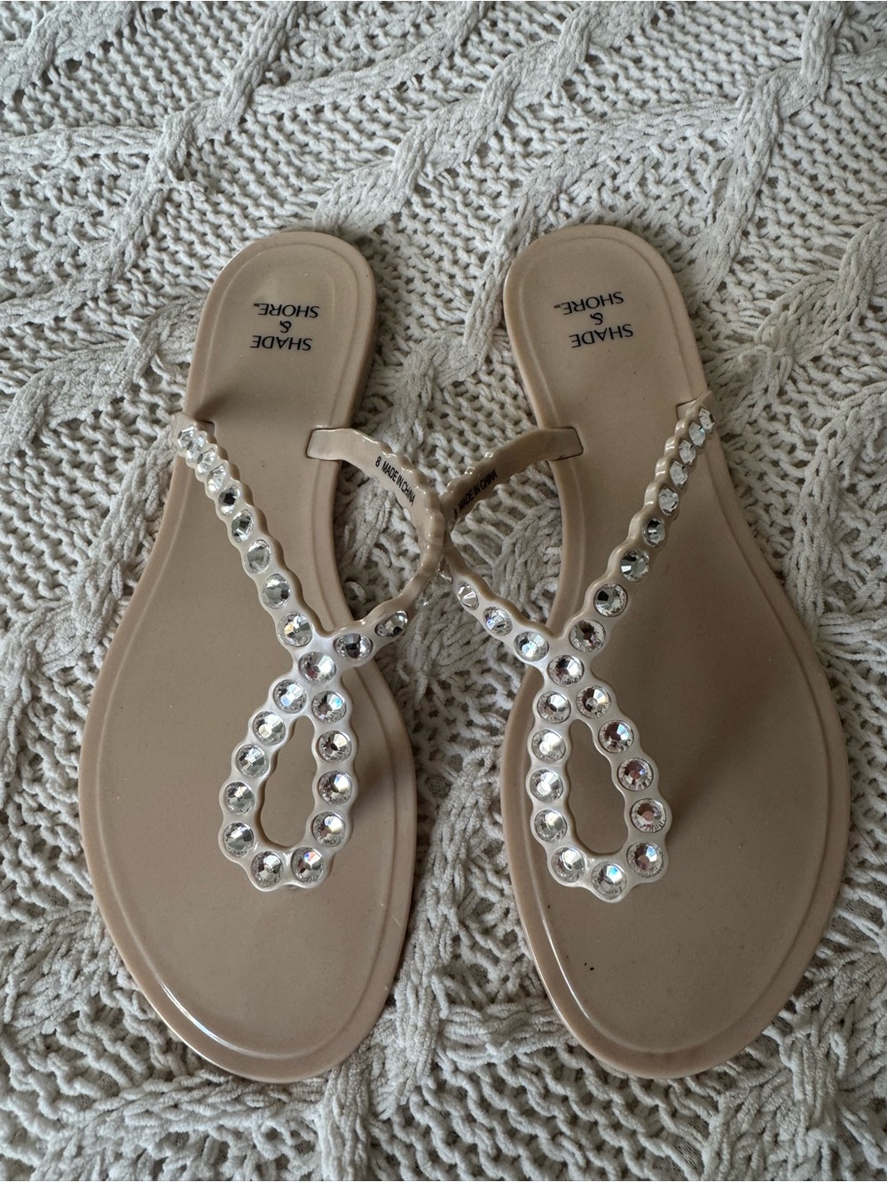 Shade & Shore Beige Jeweled T-Strap Sandals
